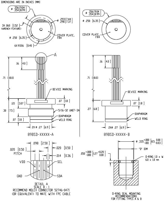 Mechanical Drawing - TE Connectivity / Measurement Specialties 89BSD Digital Output Pressure Sensors